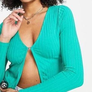 stradivarius Teal Ribbed Long-Sleeve Crop Top